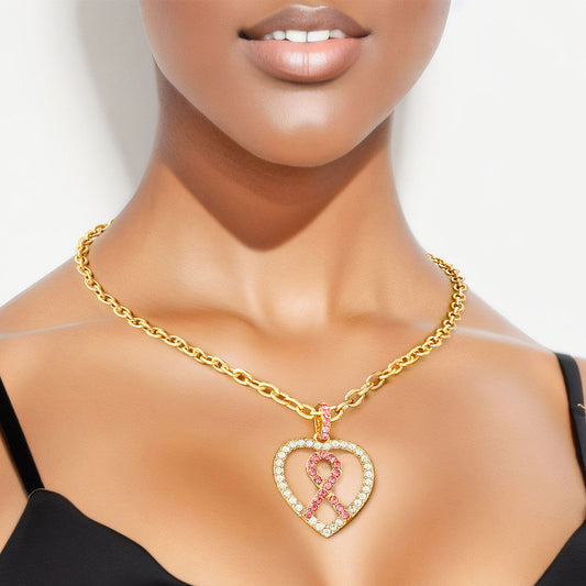 Pink Ribbon Clear Heart Necklace