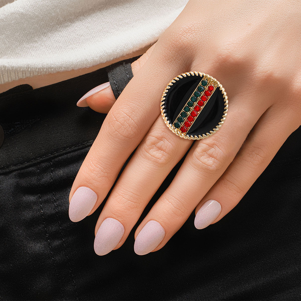 Black Stripe Charm Gold Ring