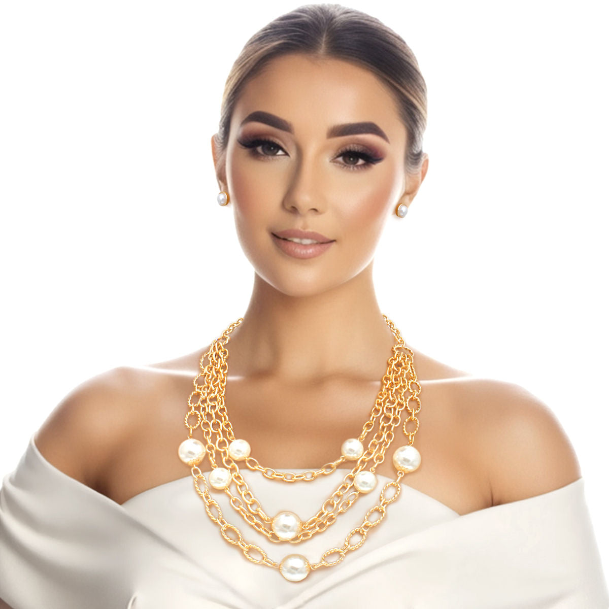 Cream Pearl 4 Layer Chain Link Necklace