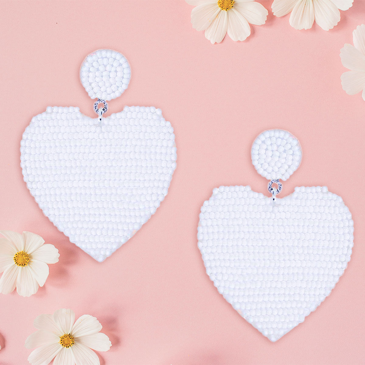 White Seed Bead Heart Earrings