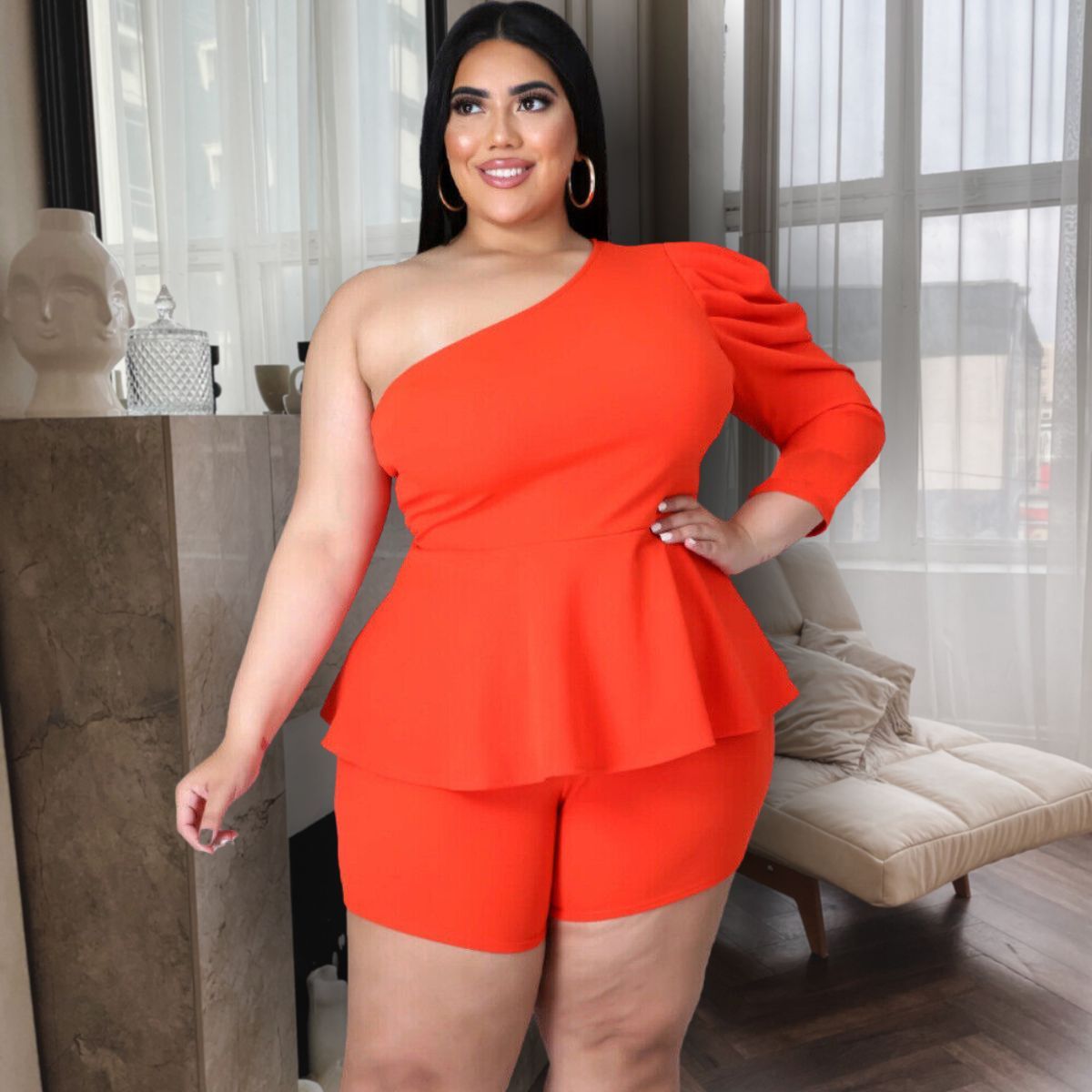 Dark Coral 3XL Peplum Top Shorts Set