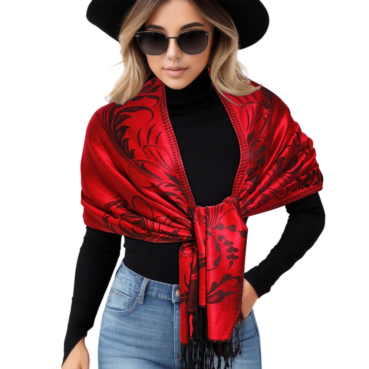 Pashmina Red Flower Fringe Scarf for Women