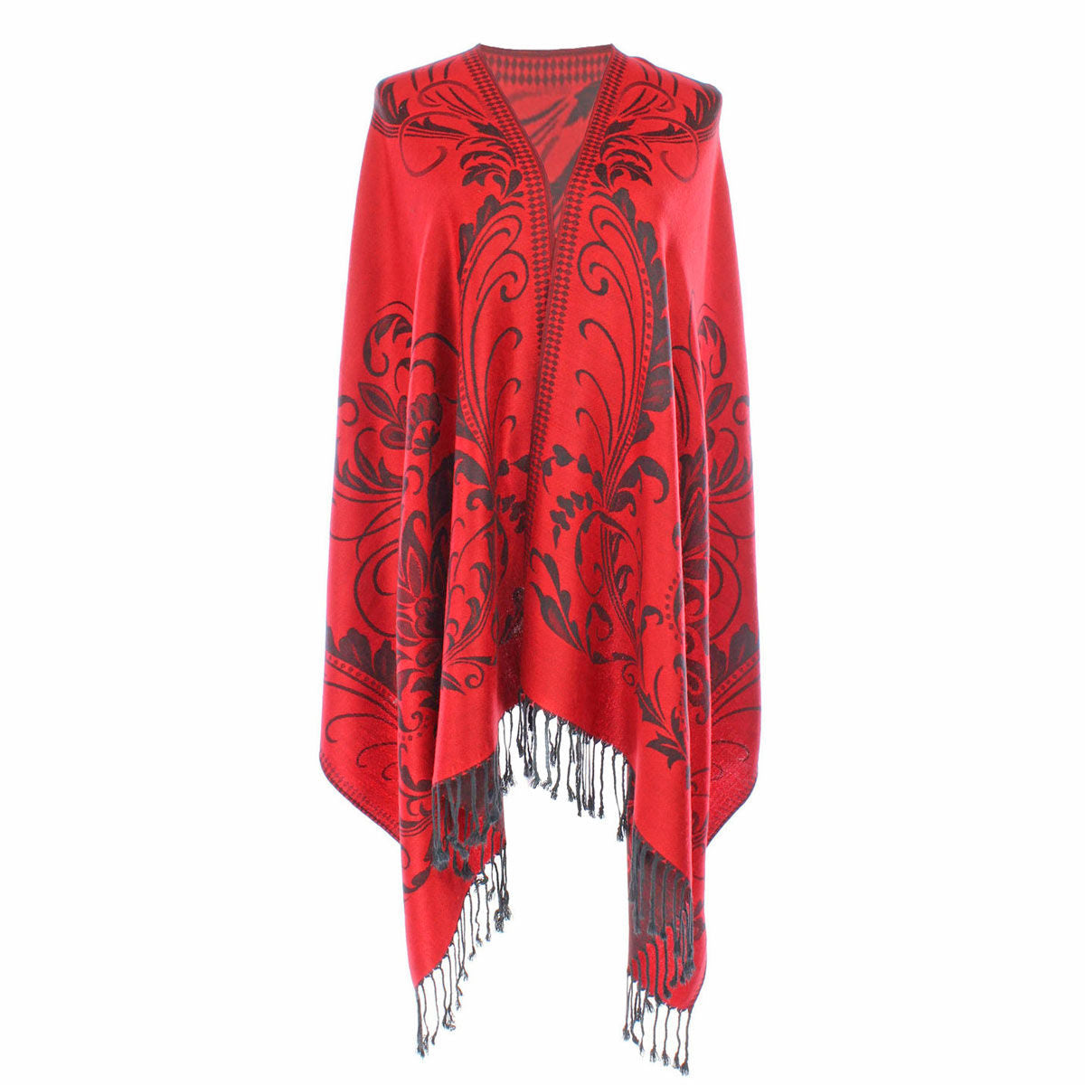 Pashmina Red Flower Fringe Scarf for Women