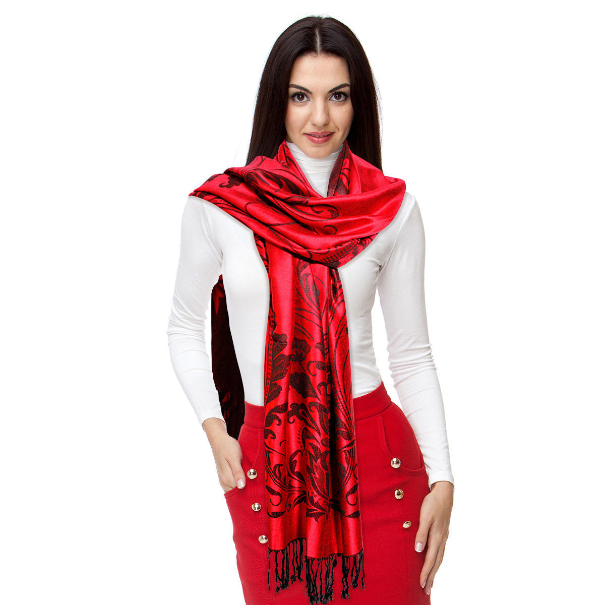 Pashmina Red Flower Fringe Scarf for Women