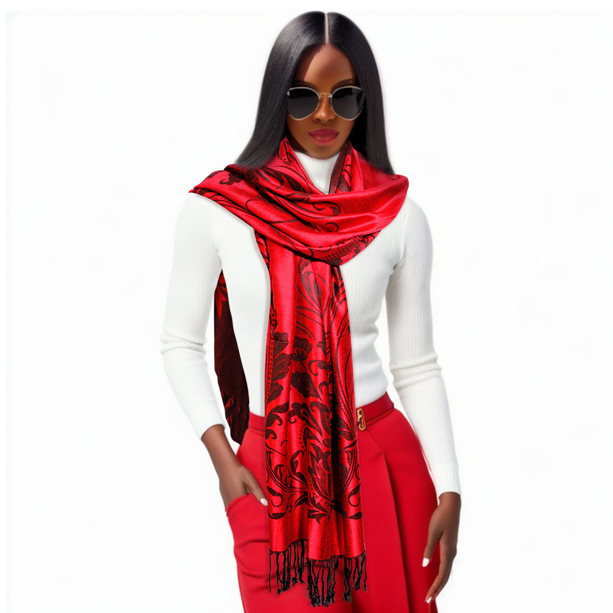 Pashmina Red Flower Fringe Scarf for Women