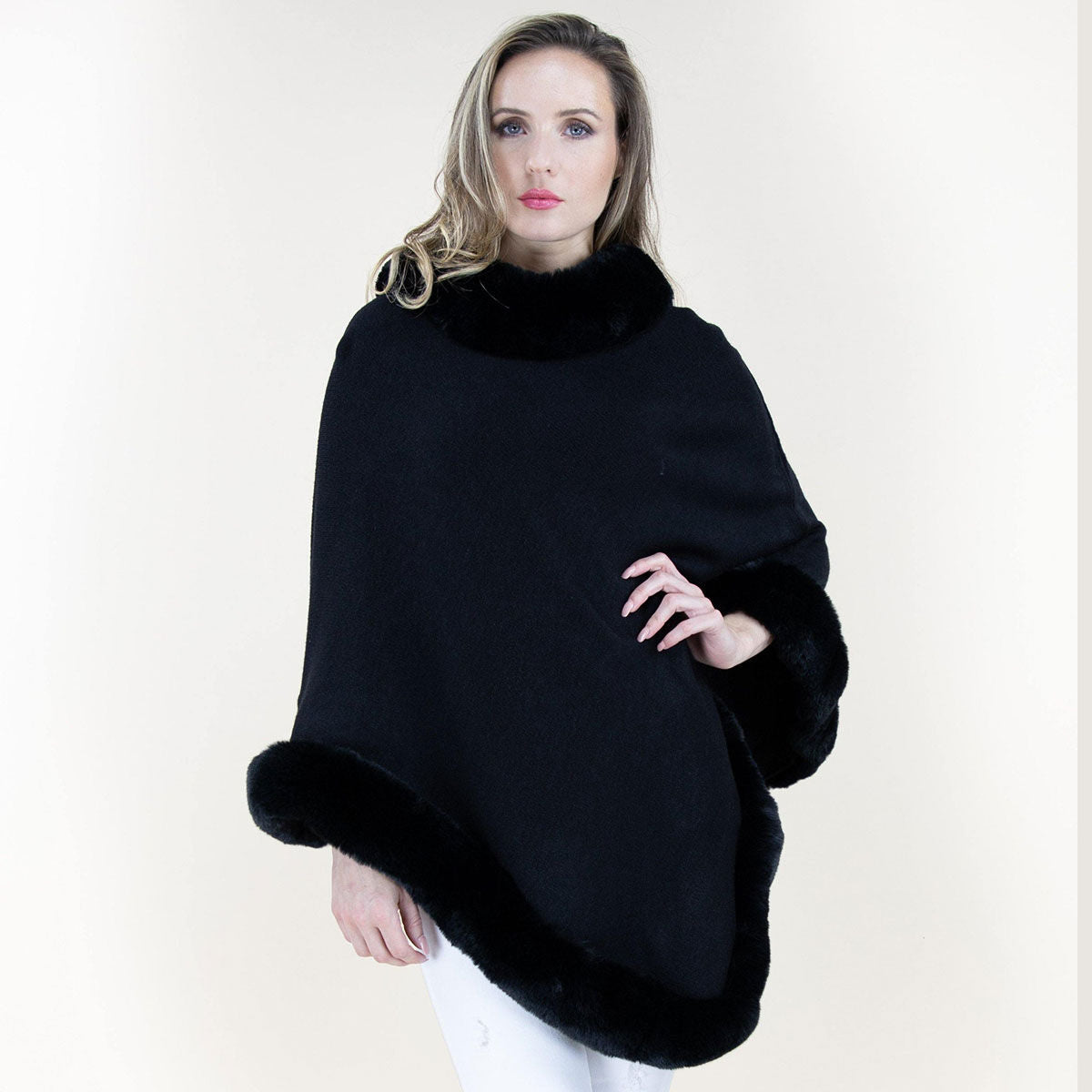 Poncho Black Fur Trim for Women