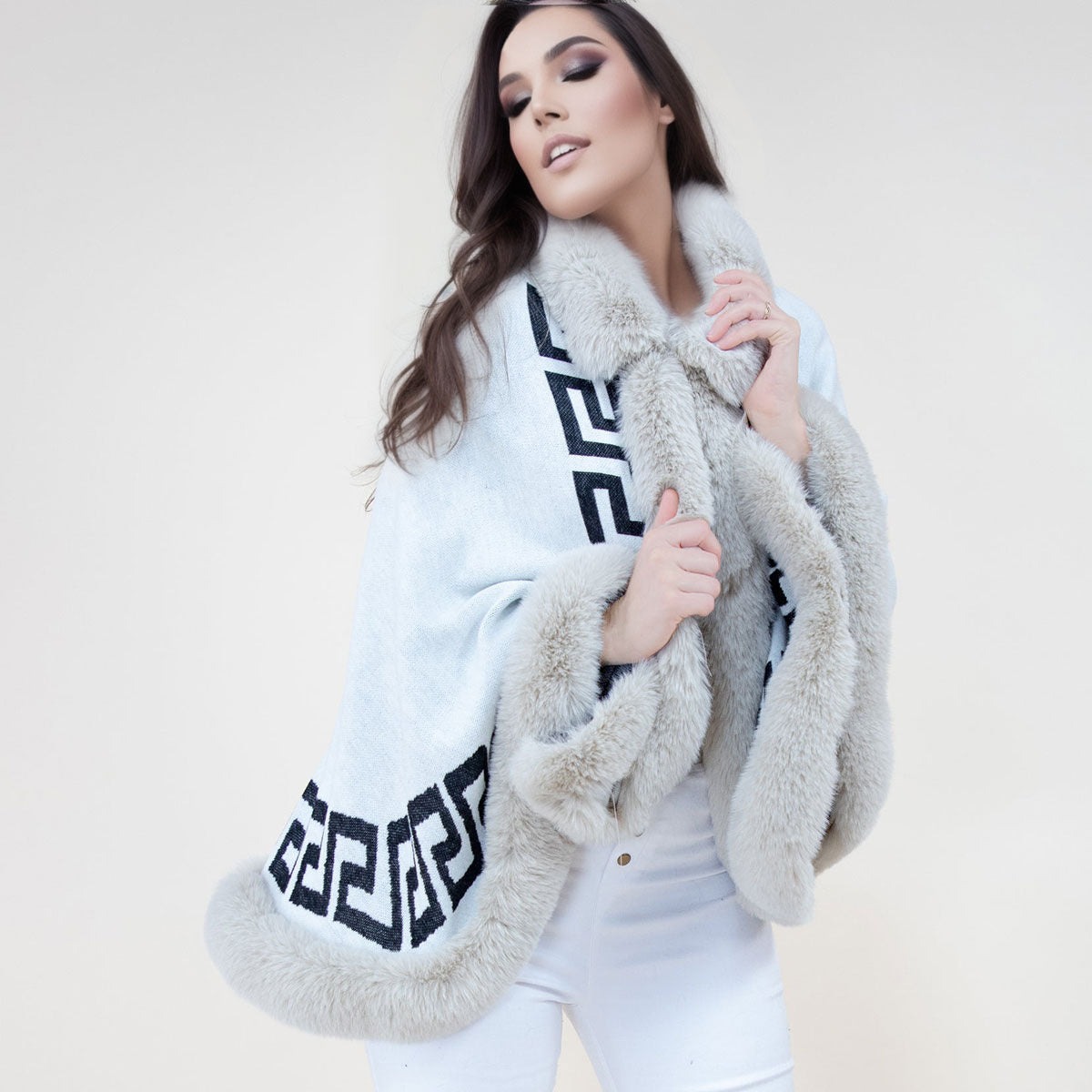 Shawl Cape Ruana Beige Greek Fur Wrap for Women