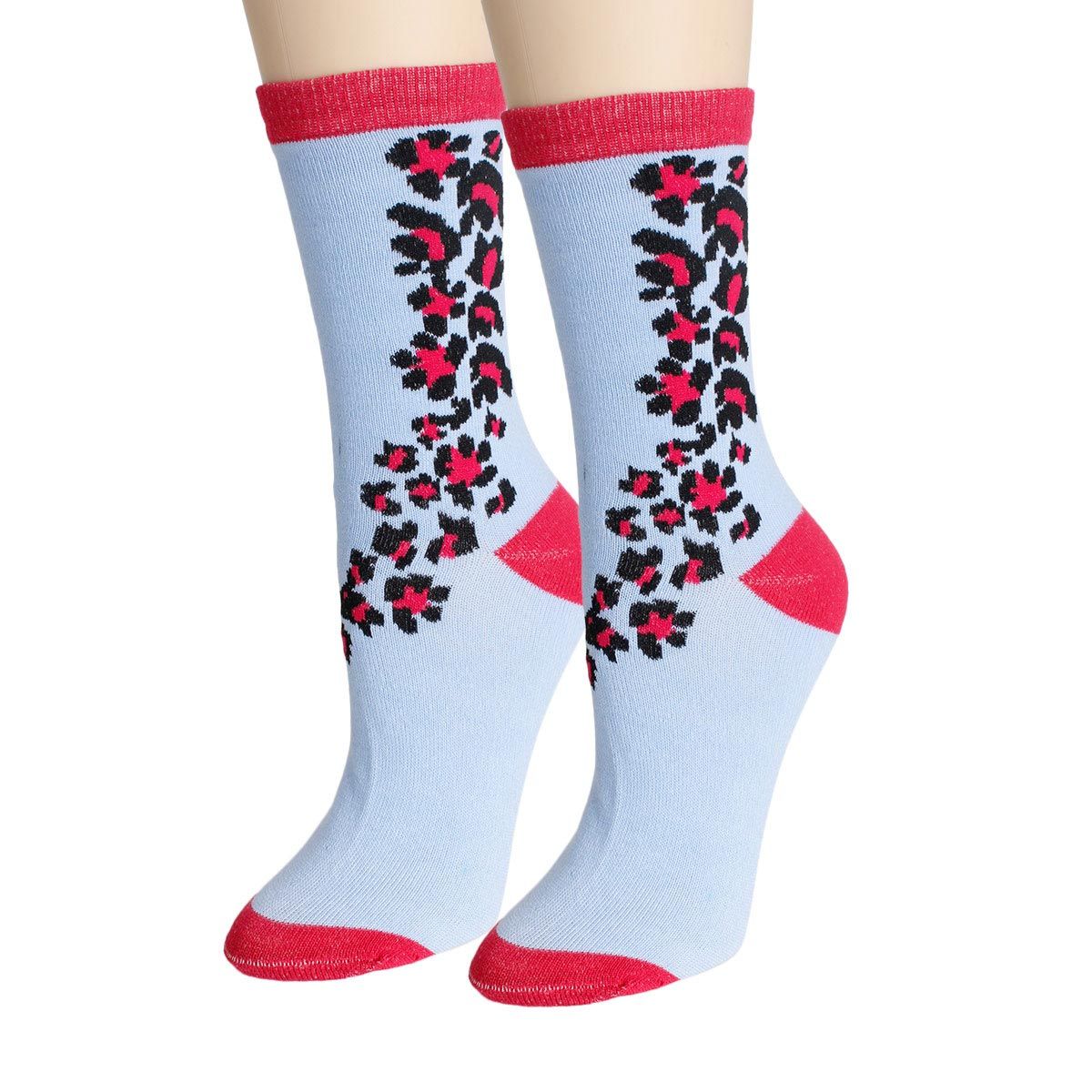 Light Blue Pink Cheetah Crew Socks